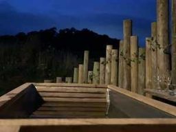 Wooden structure with a pool of water, surrounded by tall wooden posts at dusk.