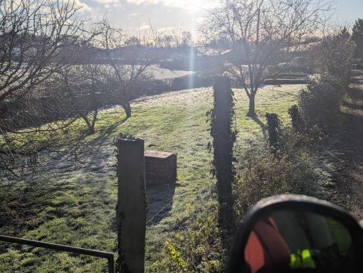 Frosty field with trees, wooden posts, and a distant structure under a bright sky.